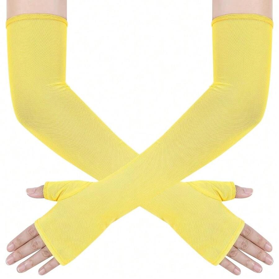 Women's Long Fingerless Opera Party Sheer Gloves Elbow Length Tulle Mesh Gloves For Wedding Bridal Prom Costume,Yellow - 黃色 - 查看 1