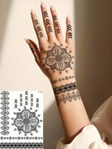 4 Blatt schwarze Henna Tattoos für die Hand, wasserfeste Spitzenblumen Henna Temporäre Tattoos für Frauen, Hochzeit, Körperkunst Aufkleber, Reise, Festival, Party Make-up Dekoration - Schwarz - Übersicht 6