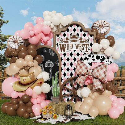 126pcs Western Theme Party Decor Wreath Arch Set, Includes Brown Cowboy Hat Balloons, Wagon Wheels, Brown Plaid Bow Balloons, Suitable For Western Theme Balloon Party Decor, Bachelor Party Decor, Wild West Theme, Ideal For Western Birthday Party Decor, Indoor & Outdoor Decoration