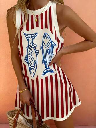 Vestido sin mangas de estilo vintage con estampado de escamas de pez, bloques de color y rayas, de estilo bohemio, cómodo y casual para el verano y la playa, atuendo para brunch para mujeres
