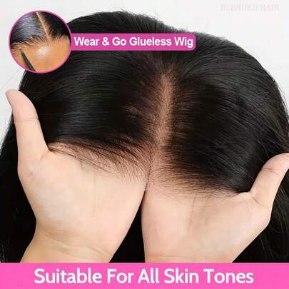 Real Wear And Go 无胶假发，真人前额直发，5x5 预剪蕾丝无胶假发，预拔毛 13x4 高清透明无胶蕾丝前额闭合式混纺假发，女士款，200% 密度，28 英寸