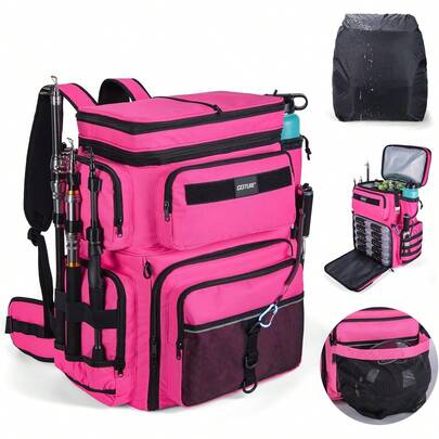 Backpack With Cooler, 66L 600D Tackle Backpack With 3 Rod Holders, Helmet Holder, Rain Cover, Saltwater Large Fishing Bag For Camping Hiking, Gear Storage Bag, Gifts For Men