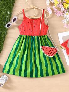 Young Girl Summer Watermelon Print Spaghetti Strap Dress With Shoulder Bag - Green - View 2