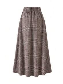 EARO 女士新款羊毛格子休闲百搭通勤复古装饰纽扣A字加厚半身裙，秋冬款 - 咖啡棕 - 查看 2