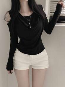 Kaos Lengan Panjang Warna Polos Model Slim Fit dengan Bahu Terbuka, Gaya Kasual Hitam - Hitam - View 4