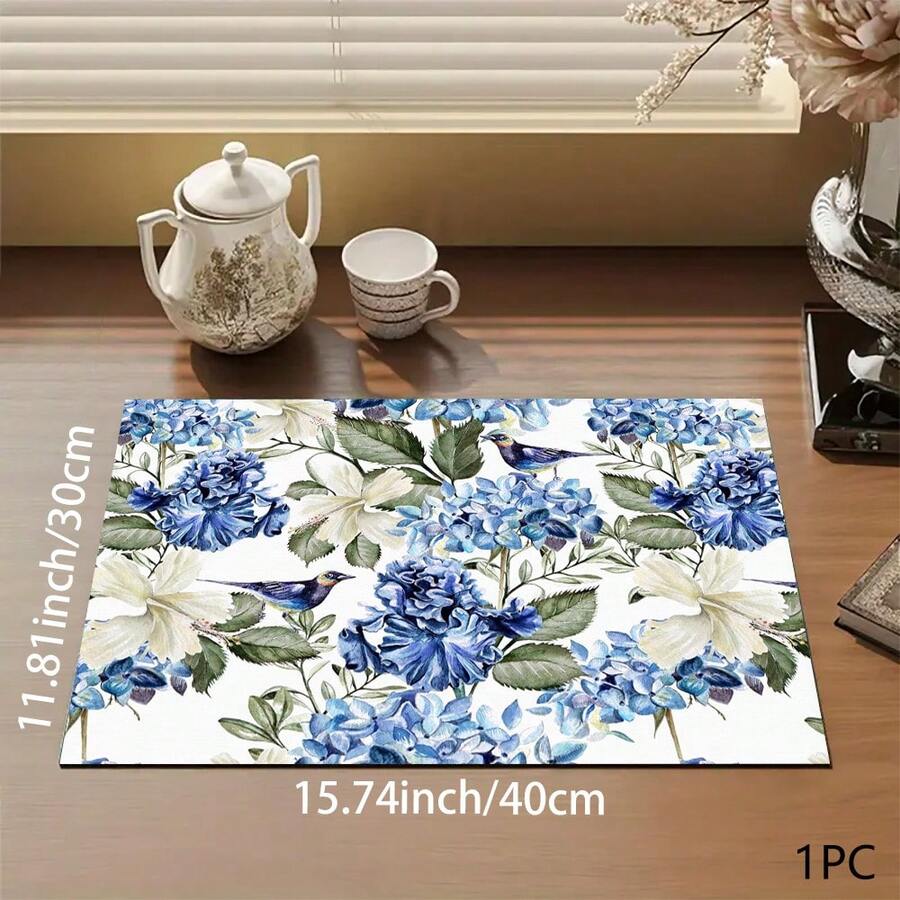 1 pieza Estera absorbente con estampado floral azul para cafetera, platos - Estera protectora absorbente de poliéster para encimera de cocina con respaldo de goma antideslizante, para decoración de cocina, bar en casa y mesa de comedor - Multicolor - Ver 1