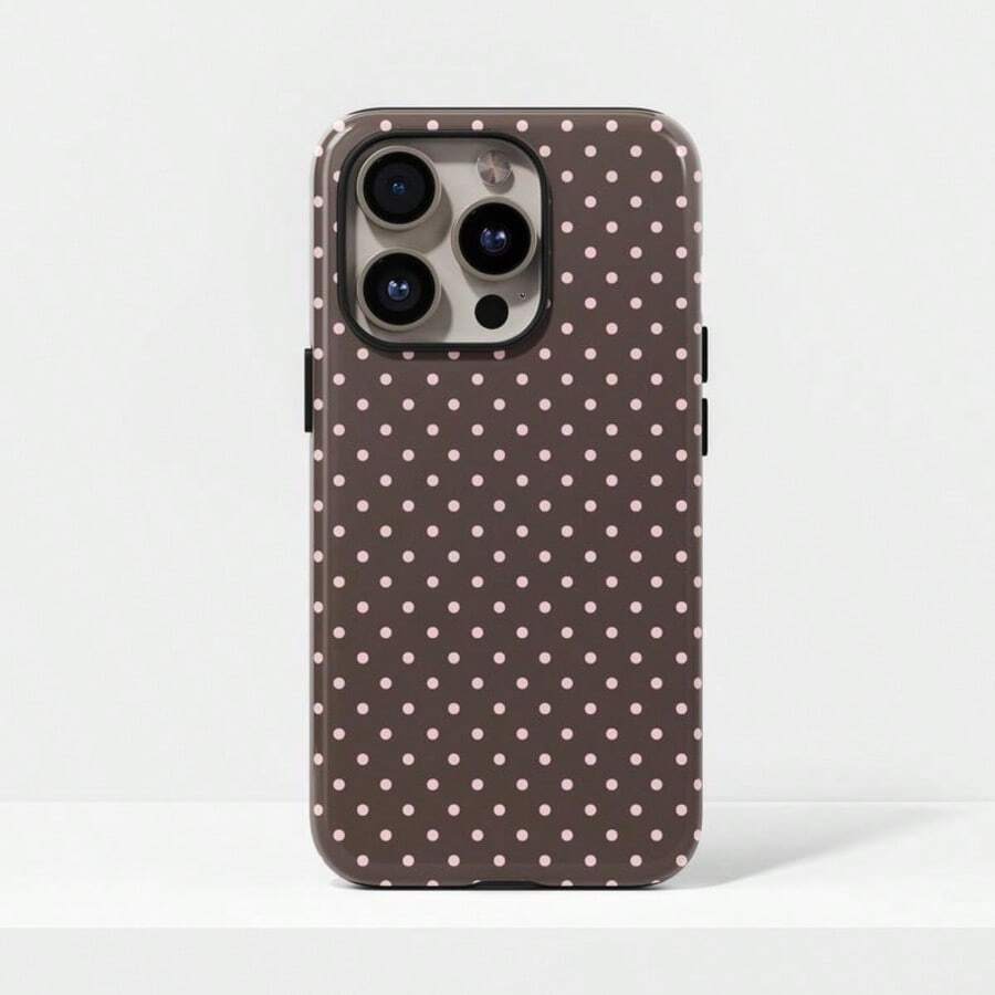 Pink & Brown Polka Dot Phone Case, Cute Y2K Style, Compatible With IPhone 17, 16, 15, 14, 13, 12, 11 Pro Max Plus Models - Brown Base Powder Dots - View 1