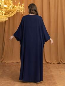 UNITHORSE Plus Women's [Random Cut] V-Neck Batwing Sleeve Long Luxury High-End Elegant Sequin Lace Splice Matte Satin Women Robe Dress - Navy Blue - View 3