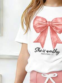 Toddler Girls' Cartoon Print Round Neck Short Sleeve Top And Flare Pants Set - White - View 3