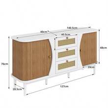 Rattan Sideboard/Chest Of Drawers, Chest Of Drawers With Sliding Doors, Adjustable Shelves, Curved Top - Natural Color+White - View 7