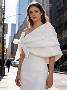 1件优雅米色仿毛皮连帽斗篷披肩新娘婚纱礼服斗篷外套 - 白色 - 查看 6