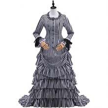 Gothic Victorian Bustle Dress Vintage Black And White Stripes Medieval Ball Gown Renaissance Costume For Women - 黑與白 - 查看 2