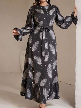 Women's Elegant Printed Long Dress, Long Sleeve Flare Cuff Round Neck Printed Robe, Middle Eastern Spaghetti Strap Dress, Muslim Abaya