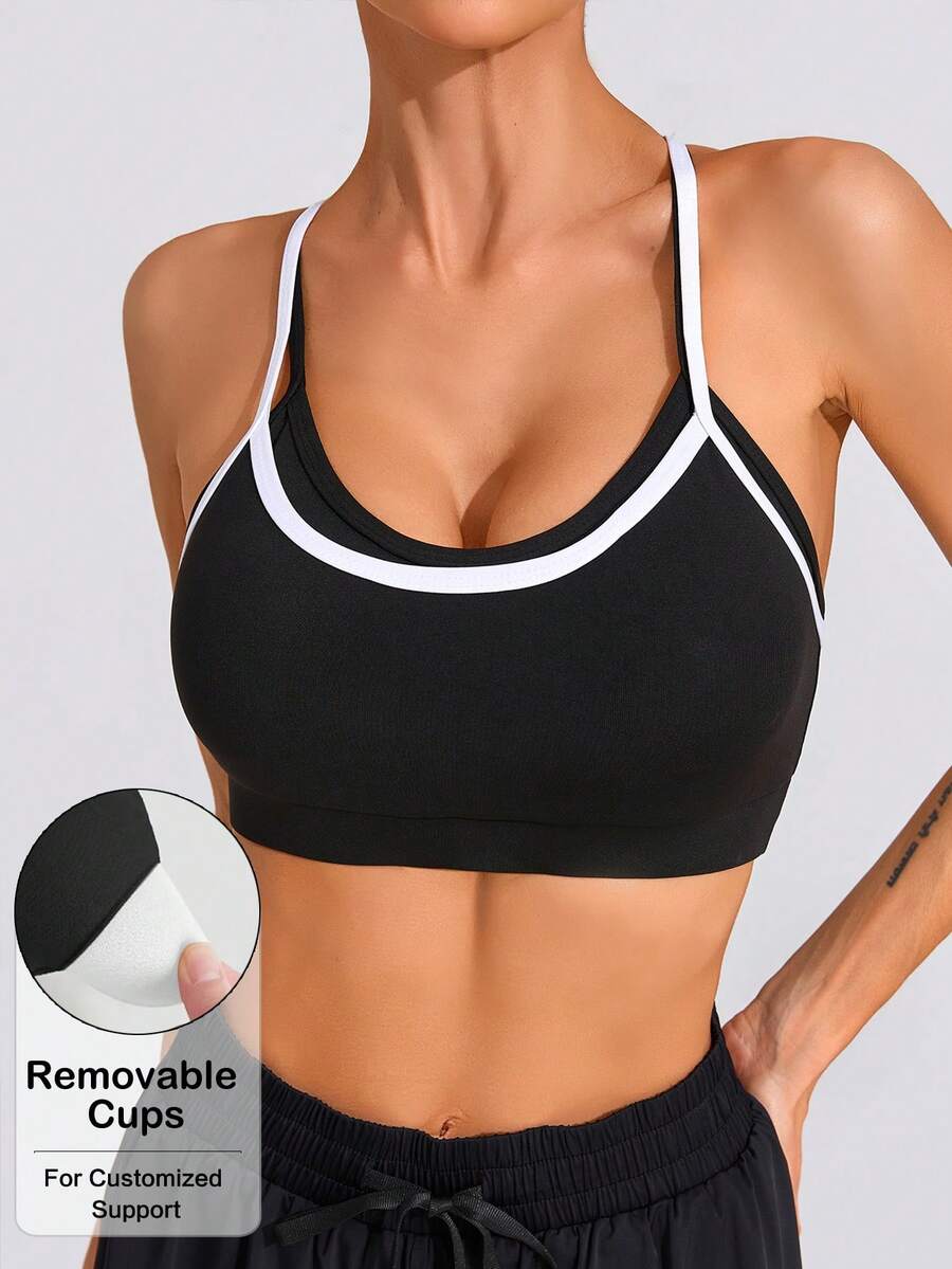 Women's Solid Color Round Neck Removable Padded Criss-Cross Adjustable Back Fashion Sports Knit Bra - Black - View 1