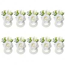 Meldel White Ivory Rose Wrist Corsage, Set Of 10, Wedding Bridal Flower Corsage Hand Decor For Prom Party Homecoming, Wristband Flowers Bride, Bridesmaid, Gi Rl,WhiteWristCorsage-10pcs - 白色腕花-10個 - 查看 1