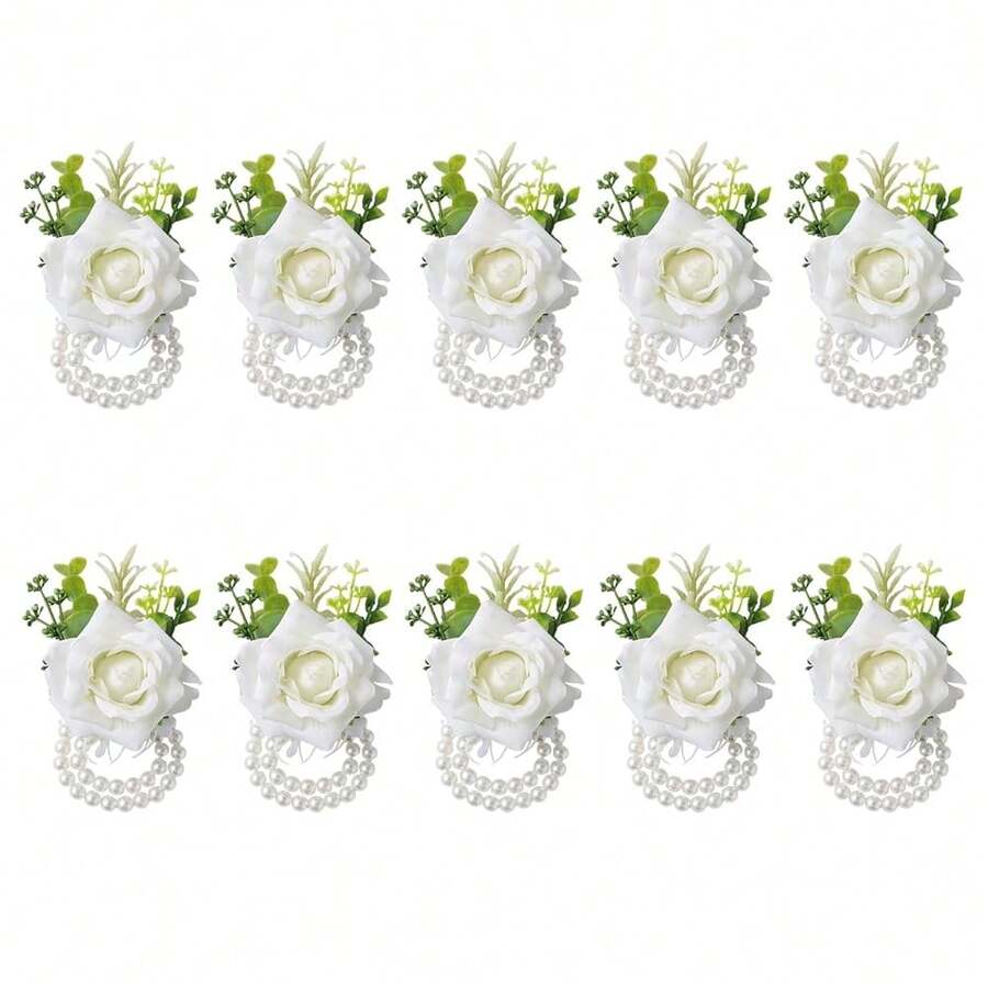 Meldel White Ivory Rose Wrist Corsage, Set Of 10, Wedding Bridal Flower Corsage Hand Decor For Prom Party Homecoming, Wristband Flowers Bride, Bridesmaid, Gi Rl,WhiteWristCorsage-10pcs - 白色腕花-10個 - 查看 1