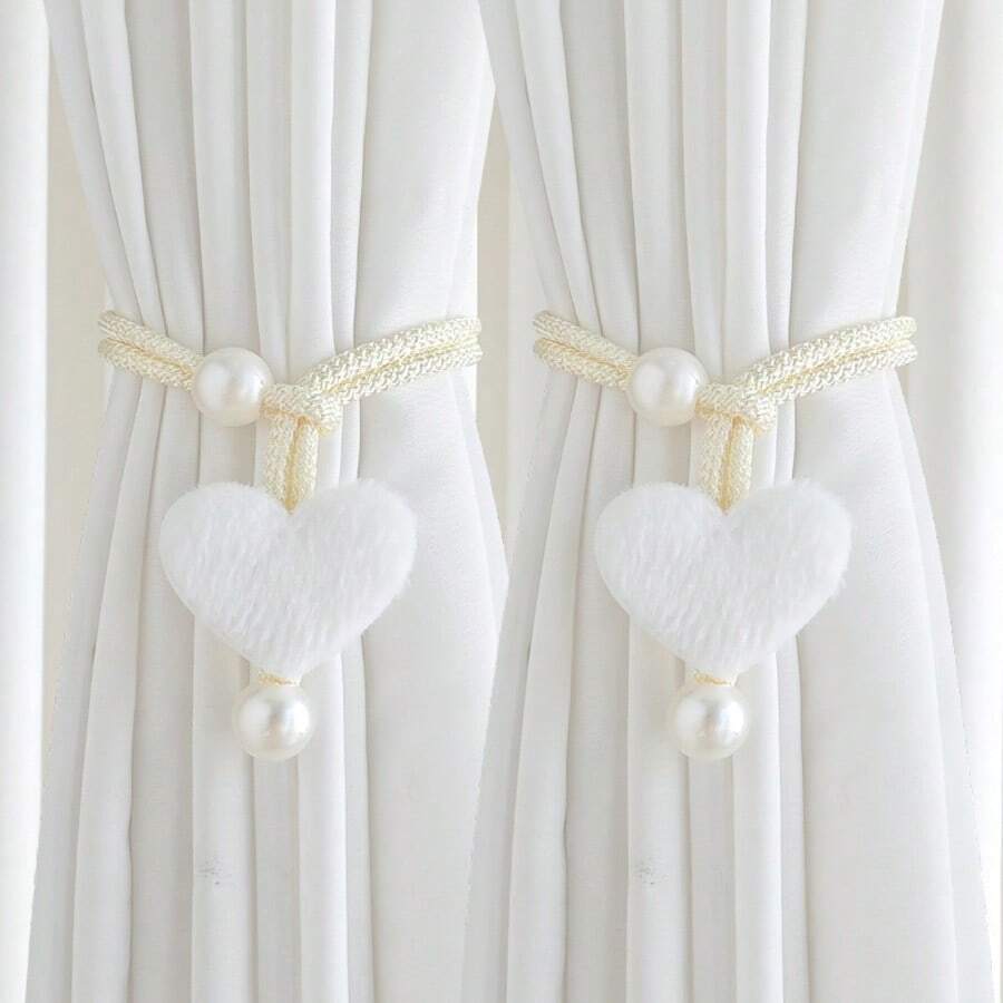 2pcs Elegant Curtain Tiebacks - Soft Pink & White Window Decor With Heart-Shaped Design, For Living Room, Bedroom, Cafe - Polyester Window Treatments For Modern Home Decoration, Curtain Tiebacks For Living Room, Bedroom Accessories