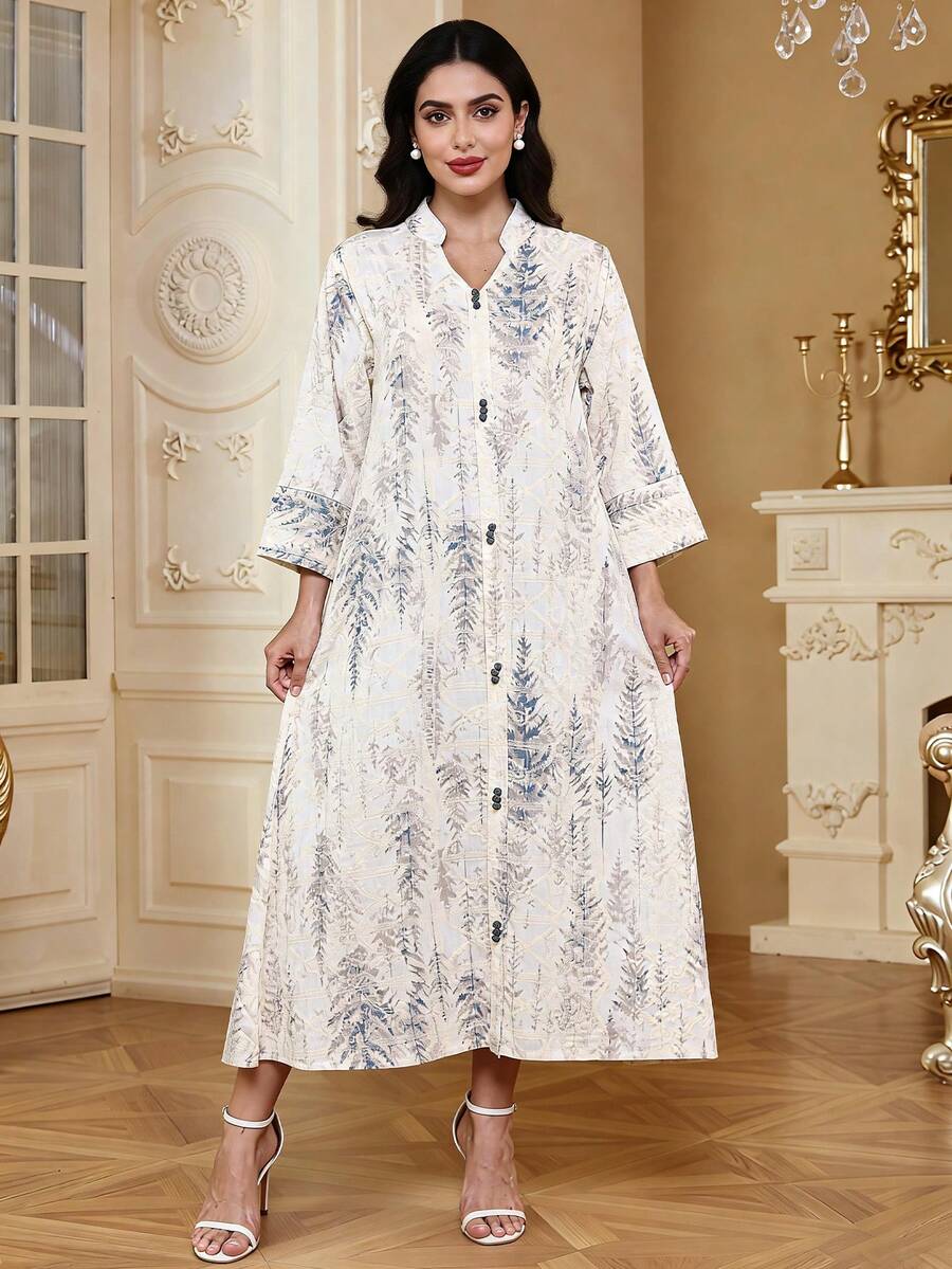 Bộ váy truyền thống Ramadan kiểu mới năm 2026, thanh lịch, thêu họa tiết Ả Rập, cổ tàu in hoa màu xanh xám, phong cách thời trang và duyên dáng dành cho quý cô.