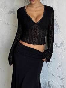 Áo nữ mùa hè Onicee, áo kiểu dáng thường ngày cổ chữ V viền ren đen, thích hợp cho ngày Valentine, hẹn hò, tụ họp, tiệc tùng, du lịch, nghỉ mát, đi biển và các dịp khác. - màu đen - Xem 4