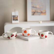 1pc Cute Fruit Embossed Design Ceramic Mug, Juice Big Cup Designed For Sweet Girls, Strawberry, Cherry, Pumpkin, Milk Cup, Coffee Cup, 420ml/14.20oz, Suitable For Summer And Winter Drinks, New Year, Valentine's Day Holiday Gift - White - View 6