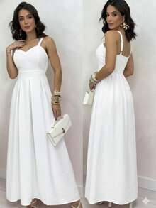Long Dress With Adjustable Straps, Elastic Waist, Fits Sizes 36 To 44. Women's Elastic Dress With Adjustable Back, Sizes 36 To 44. Comfortable Elastic Waist Dress With Adjustable Straps. - trắng - Xem 2