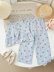 Girls' Blue Plaid Cherry 2 Pieces Set: Ruffle Trim Sleeveless Top + Wide Leg Pants, Children Sweet Casual Summer Outfit, Vacation Style - Multicolor - View 7