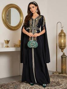 Floral Embroidery V-Neck Maxi Slit Sleeve Dress - Black - View 3