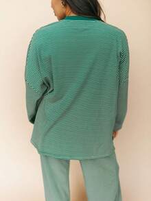 Women Casual Striped 2 Piece Lounge Set Long Sleeve Pullover Shirt Drawstring Wide Leg Pants Y2k Cute Loose Outfits - 綠色 - 查看 6