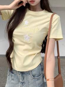 Áo thun nữ tay raglan cổ tròn dáng ôm, thêu họa tiết, thích hợp mặc mùa hè. - Màu be - Xem 2