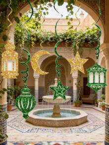 6件套月亮星星挂饰套装，梦幻月亮星星组合，闪亮星月纸拉花吊坠，适合斋月装饰、节日装饰、家居装饰、波西米亚风、婚礼装饰、房间装饰、派对装饰、毕业礼物、开斋节礼物 - 彩色 - 查看 9