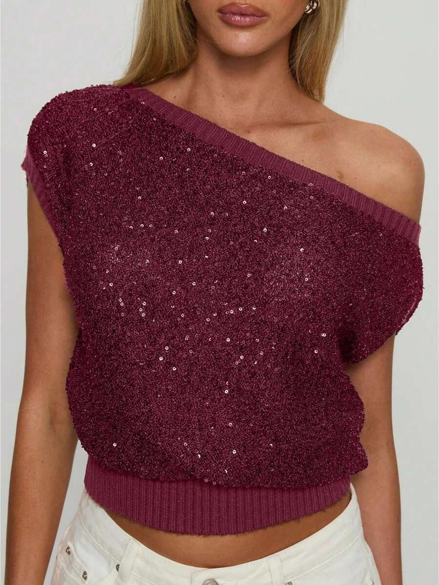 Women's Y2k One Shoulder Sparkly Sequin Tops Solid Color Asymmetrical Neck Ruched Glitter T-Shirts Blouse Rave Party Outfits For Causal Daily - Burdeos - Ver 1