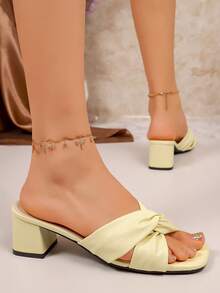 Girl's Twist Knot Criss-Cross Chunky Heel Pumps, Elegant Formal High Heels, Fashionable Open Toe Slingback High Heels - Yellow - View 3