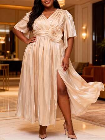 Vestido elegante de satén suave color albaricoque con abertura alta y flor 3D para mujer talla grande, para boda y fiesta de noche