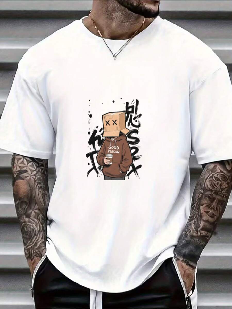 Fashionable Simple White T-Shirt With Cartoon Character Pattern - 白色 - 查看 1