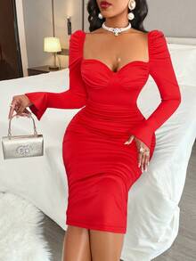 AIJ Amarilo 女士性感纯色丝绒心形领露背侧褶皱紧身连衣裙 - 玫瑰紅 - 查看 8