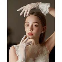 Short Lace Mesh Gloves Tulle Border With Pearls Wedding Opera Tea Party Gloves For Women Formal,OneSize,Ivory-3 - Ivory-3 - View 5