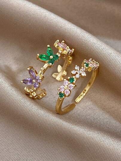 18K镀金防褪色复古甜美三叶草蝴蝶花朵多色水晶可调节戒指，适合女性佩戴，是情人节、派对、正式场合、日常佩戴、狂欢节、新年、婚礼、海滩、圣诞节、周年纪念日、优雅母亲节礼物、波西米亚风珠宝、伴娘礼物的理想之选。