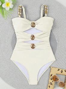 Official Women's Colorblock Hollow-Out One-Piece Swimsuit - trắng - Xem 3