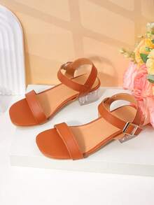 1 Pair Girls' Solid Tan Faux Leather Adjustable Double Strap Low-Heel Dress Sandals For Summer Outings - Brown - View 4