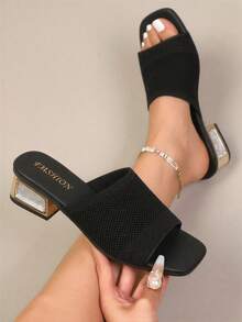 女士夏季新款百搭舒适黑色网面方头水钻绑带休闲凉鞋，适合日常通勤、约会、聚会和居家穿着，粗跟设计 - 黑色 - 查看 2