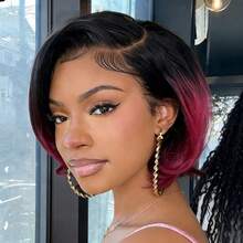 女士短直发精灵短发假发，150%密度，13x4蕾丝前额，黑至酒红色渐变，时尚优雅，适合日常和派对佩戴。 - 彩色 - 查看 8