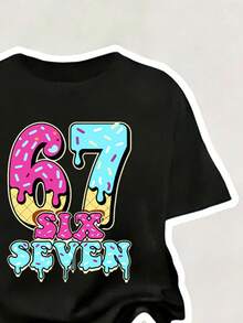 Young Girl Casual Everyday Commute Fashion Street Versatile Donut & Number Letter Print Short Sleeve T-Shirt And Drawstring Waist Flare Pants Set, Spring/Summer/Autumn - Black - View 6