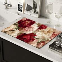 1 pieza Estera absorbente/secado con estampado floral de peonía para cafetera, platos - Estera protectora absorbente de poliéster para escritorio con almohadilla antideslizante de goma, para decoración de la encimera de la cocina, bar en casa y mesa de comedor - Multicolor - Ver 7