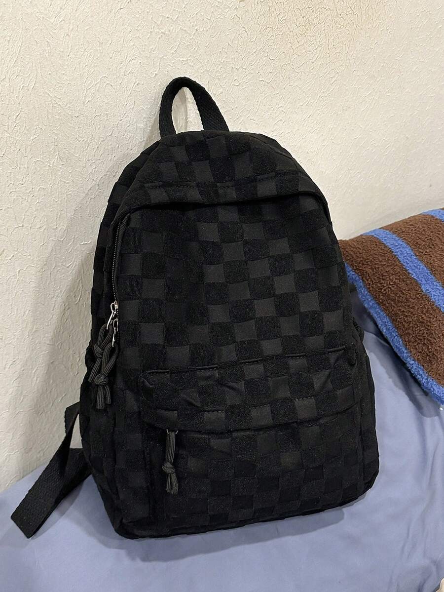 Fashionable Women's Backpack Patchwork Plaid Faux Fur Large Capacity Commuter Laptop Bag - Black - View 1