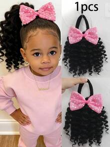 1pc ﻿Black Hair Curly Ponytail With Shiny Bow Elastic Extension Synthetic Hairpiece For Kids - Natural Black - View 14