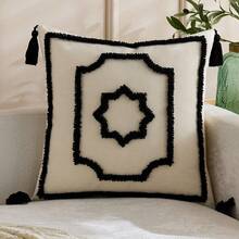 1pc/2pcs Set Semi-Circle Geometric Pattern Pillow Case, Canvas Circle Velvet Embroidery Crafted Square Cushion Cover, For Daily Use In Bedroom, Living Room, Sofa, Yard, Garden Decor, Without Core 30*50cm 45*45cm - Black - View 7