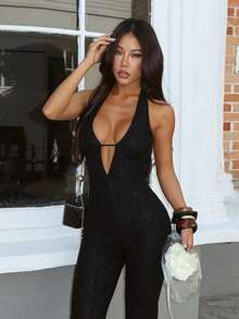 Sexy V-Neck Backless Halter Jumpsuit Black Romper, Women Outfit - 黑色 - 查看 1