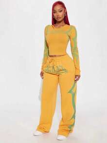 Spice Girls Autumn And Winter Sports Printing Contrast Color Casual Fashion Suit Women's Two-Piece Set - Màu vàng - Xem 1