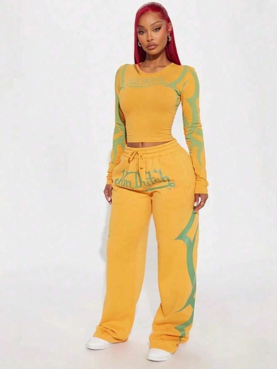 Spice Girls Autumn And Winter Sports Printing Contrast Color Casual Fashion Suit Women's Two-Piece Set - Màu vàng - Xem 1