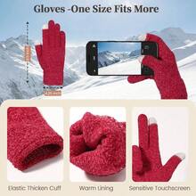 Winter Chenille Hat Gloves Scarf Set Women Men Warm Beanie Hats Touchscreen Gloves Thick Soft Scarf - 紅色 - 查看 6